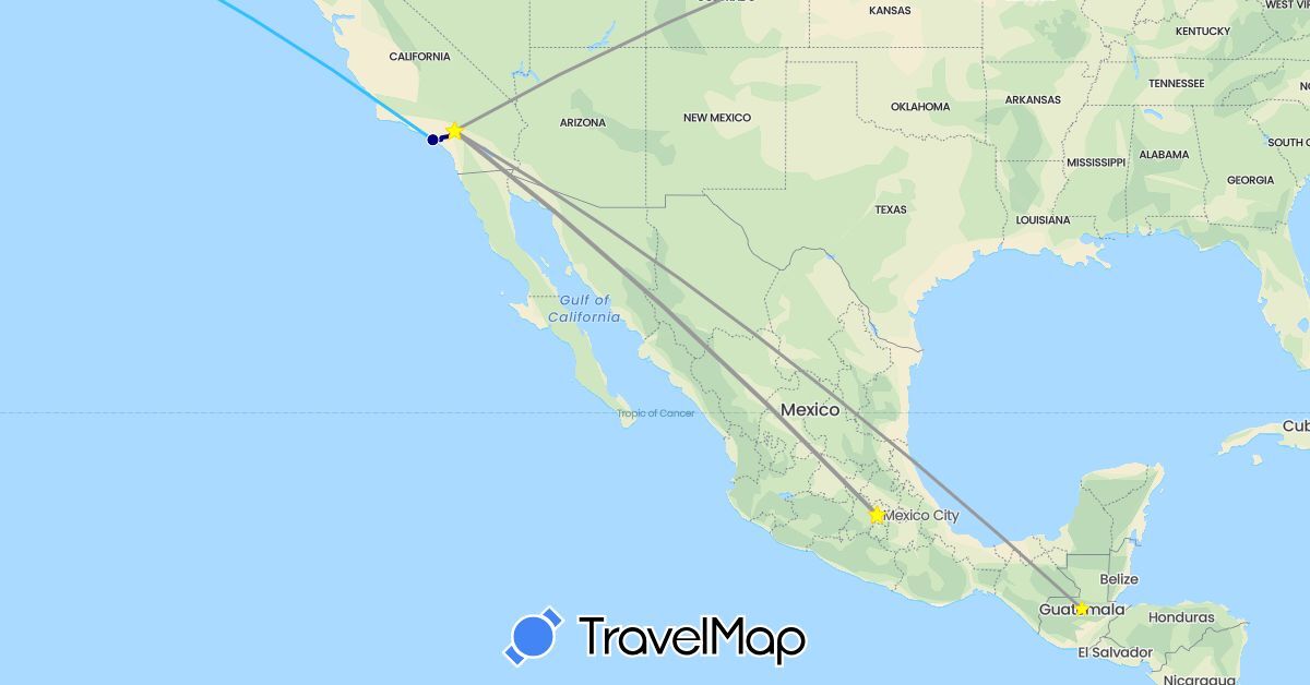 TravelMap itinerary: driving, plane, boat in Canada, China, Guatemala, Indonesia, India, Japan, Mexico, Thailand, United States (Asia, North America)